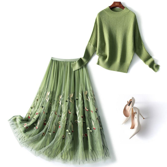 Two Piece Outfits  Knitted Sweater  and Tulle Skirt
