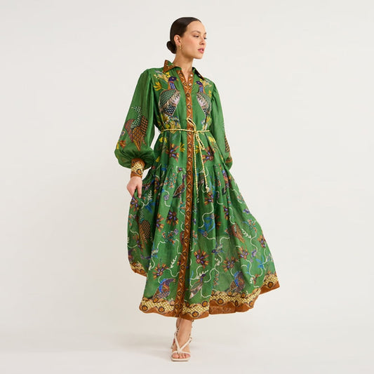 Green Print Lapel Dress